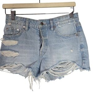 Zara Womens Light Wash Distressed Denim Shorts Button Fly High Rise Size 4 26